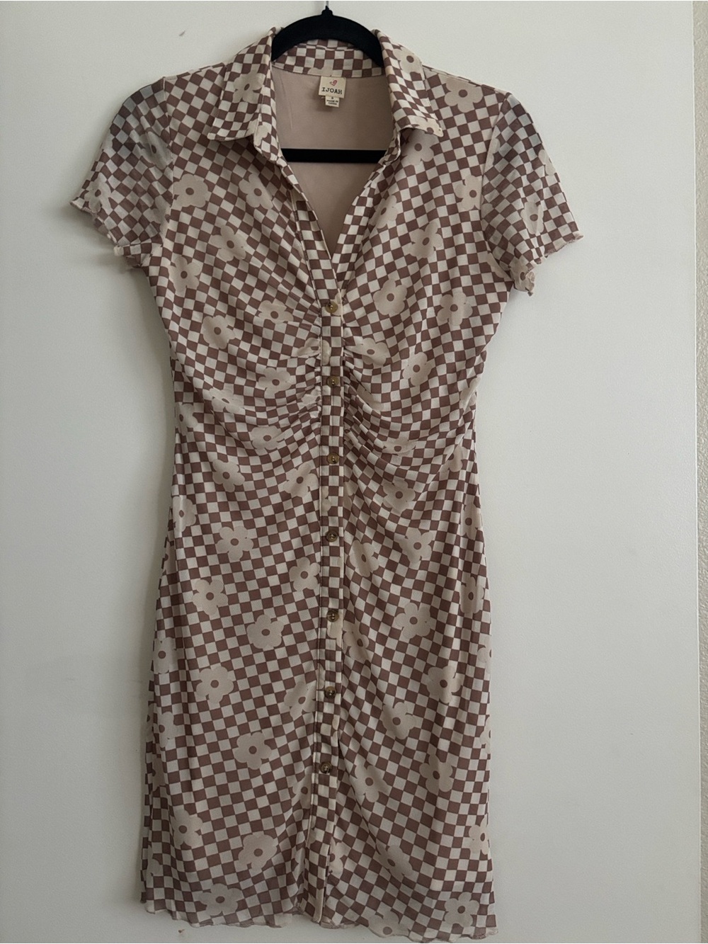 IJOAH Brown Checkerboard Daisy Mesh Ruched Button Mini Dress S D6A3033